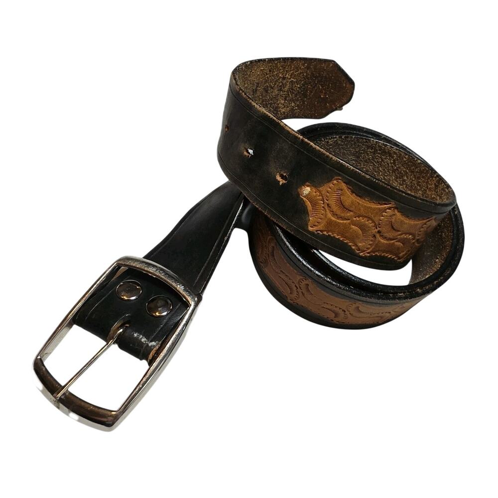 Vintage Unbranded Black/Brown Embossed Leather Belt Mens Size 42 Textured